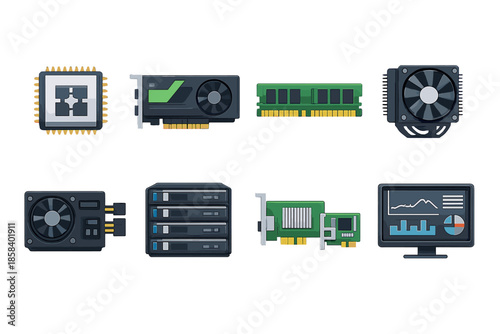 Computer hardware icons set. featuring cpu, gpu, ram, fan, server, network card, monitor, and more.