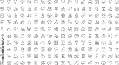 Large Outline Vector Icon Set Representing Comprehensive Pet Care Veterinary Medicine Domestic Animal Health Welfare Grooming and Professional Pet Ownership Services