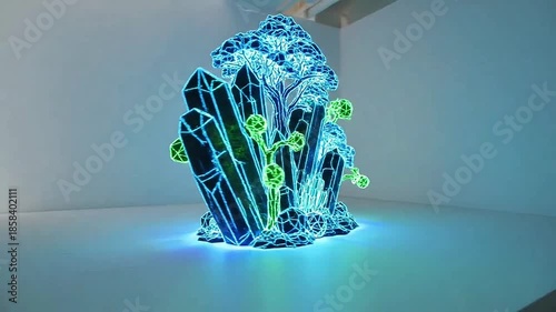 Illuminated Crystal Sculpture Display, Art Installation, Modern Gallery, Abstract