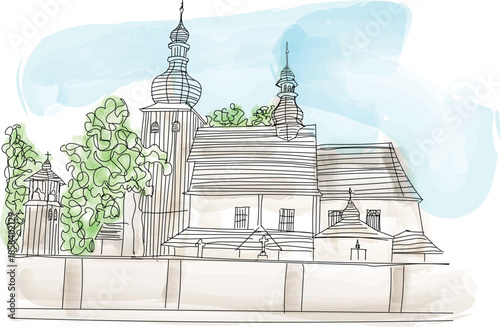 Peter and Paul Church in Paniowy, Mikołów, Silesian Voivodeship, Poland. Wooden monuments. Vector illustration.