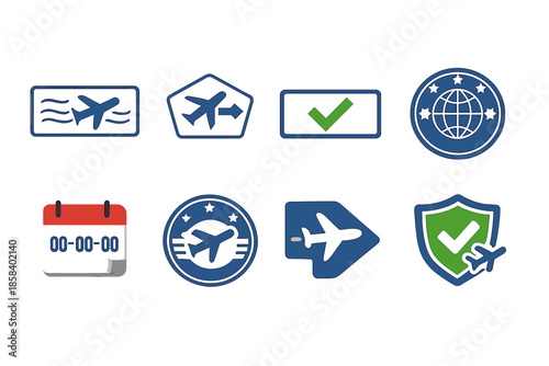 Travel and navigation icon set. featuring airplane, checkmark, globe, calendar, shield, arrow, badge, ticket