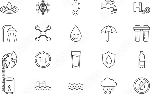 Outline Vector Icon Set Representing Water Resources Hydrology Plumbing Systems Filtration Clean Liquid Supply and Professional Domestic Utility Concepts