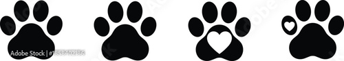 Black Silhouette Paw Print Icon Set Featuring Heart Motifs for Pet Care Animal Welfare and Veterinary Branding Design
