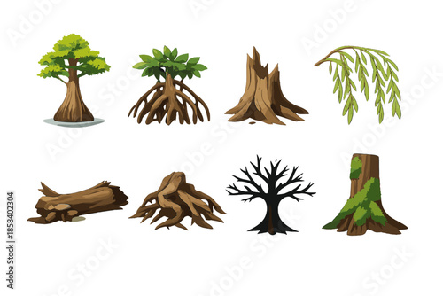 Nature and tree icon set. containing oak, sapling, stump, willow, log, roots, silhouette, mossy trunk and more.