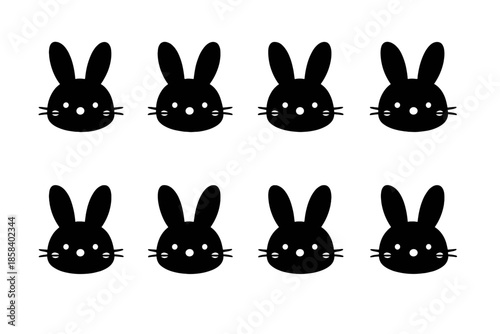 Animal icons set featuring rabbit faces. includes bunny, hare, ears, whiskers, cute, fluffy, silhouette and more.