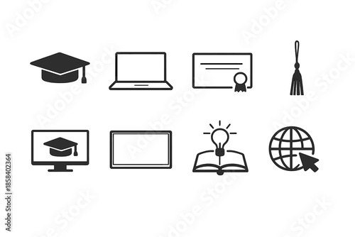 Education icon set. containing graduation cap, laptop, certificate, tassel, online learning, lightbulb, globe.