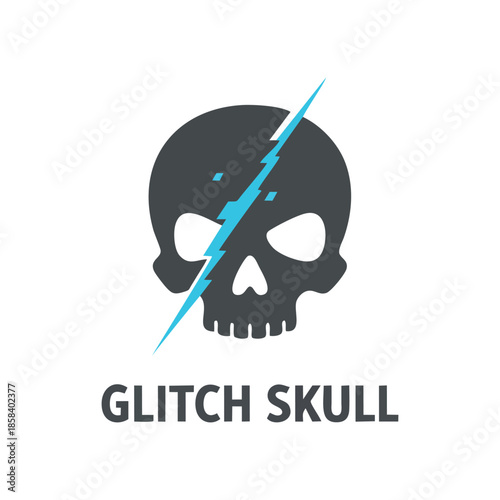 Cyberpunk Glitch Skull Logo with Neon Lightning Bolt Icon