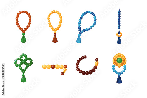 Prayer beads icon set. containing misbaha, rosary, mala, tasbih, decoration, meditation, religious, counting and more.