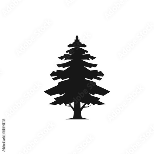 Minimalist black silhouette of an evergreen pine tree icon against a plain white background