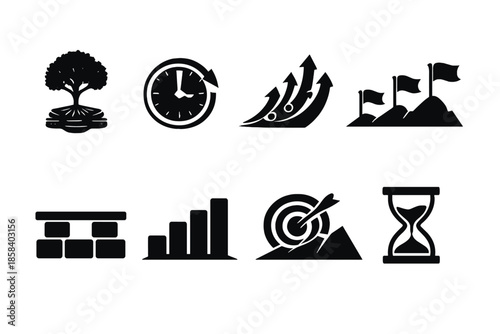 Business growth and strategy icons set. containing tree, clock, arrows, flags, chart, graph, target, hourglass.