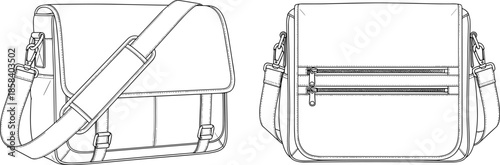 Messenger shoulder bag line art illustration front and back views isolated vector outline design for fashion travel accessory branding mockup