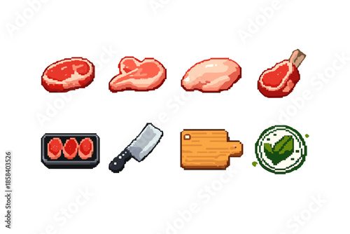 Butchery and kitchen icon set. containing steak, chicken, chop, meat, cleaver, cutting board, checkmark and more.