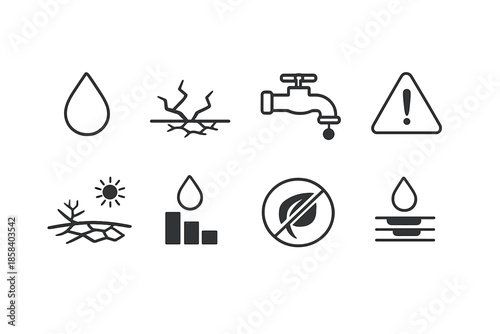 Environmental icons set. containing drought, water drop, tap, warning sign, leaf, cracked ground, sun, and chart.