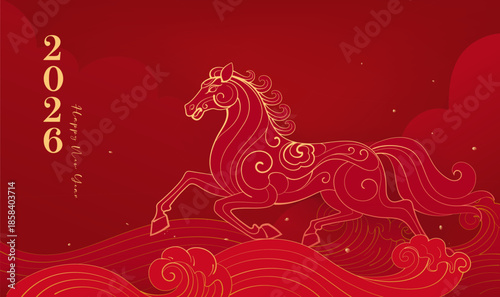 New Year celebration banner with linear layering and illustrations for the Year of the Horse