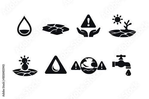 Environmental alert icon set. containing drought, water drop, warning, conservation, flood, crisis, tap, dry land.