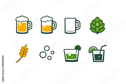 Beverage and bar icon set. containing beer, mug, hops, wheat, cocktail, lime, bubbles, drink, and more.