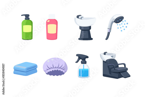Hair salon icon set. containing shampoo, conditioner, sink, showerhead, towel, hair cap, spray bottle, chair, and more.
