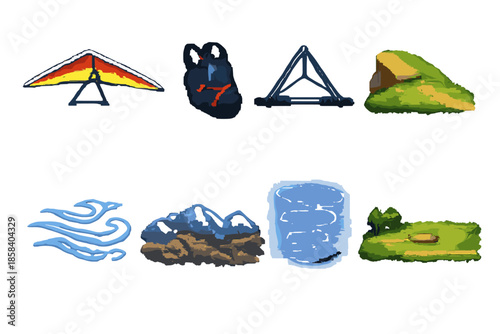 Adventure and outdoor activities icon set. containing paragliding, hiking, camping, trekking, windsurfing, climbing, golf, and more.