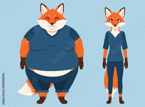overweight fat and slim orange anthropomorphic fox character in blue clothes, illustrating weight loss or health changes