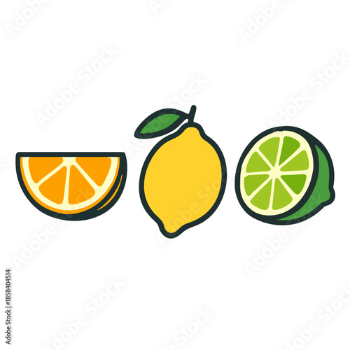 Set of 3 citrus fruit vector icons: orange slice, whole lemon, and lime half, flat color, side view, for food theme.