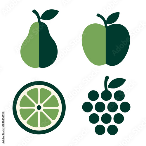 Two-tone fruit icons using only two contrasting colors (e.g., dark and light green for a pear).