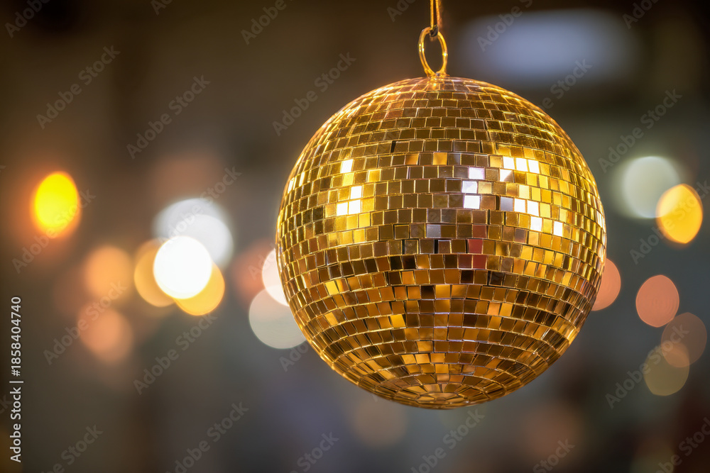 Obraz premium Shiny golden disco ball hanging with sparkling reflections and blurred colorful lights in the background creating a festive party atmosphere