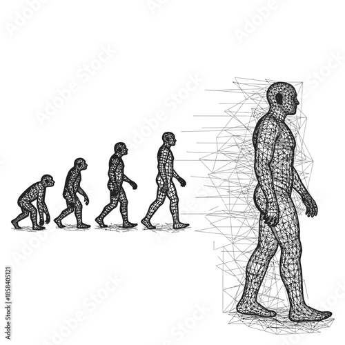 Evolution of human from ape to modern man, wireframe concept with technological advancement.