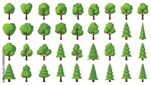 Collection of deciduous and coniferous tree icons arranged in a repeating pattern layout