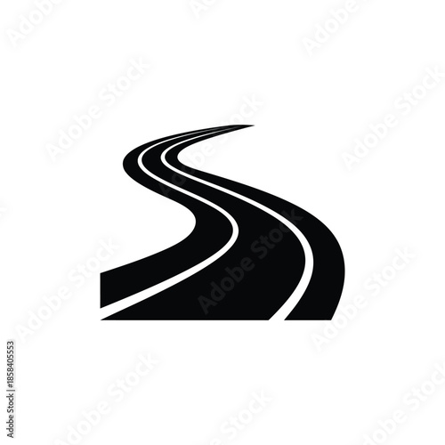 A winding black and white road icon illustration disappearing into the distance