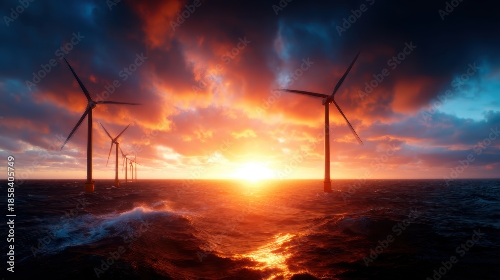 Obraz premium An awe-inspiring scene of wind turbines standing tall against a dramatic sunset sky, reflecting renewable energy, sustainability, and the beauty of nature's balance and harmony.