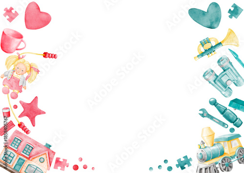 Baby shower celebration horizontal frame with blue and pink children’s toys. Hand drawn watercolor illustration of birthday greeting card for boys and girls and twins on a white background. Doll