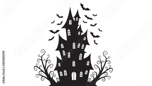 Haunted Castle Halloween Theme Illustration with Bats and Trees