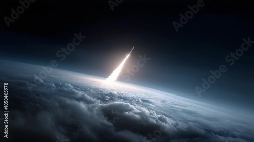 a powerful space rocket launching into orbit, rising above thick clouds of smoke and fire against the backdrop of planet Earth glowing