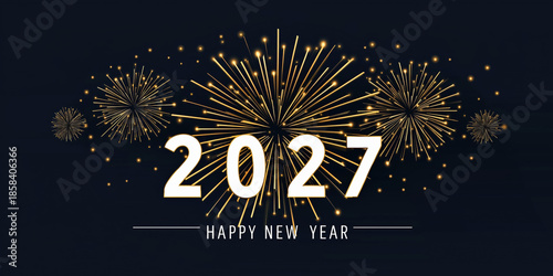 Happy New Year 2027 Gold White Numbers Fireworks Navy Black Background Celebration Greeting Card Banner Poster Social Media Design Festive Party NYE Event Template
