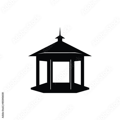 A black silhouette icon of a traditional garden gazebo structure on a white background