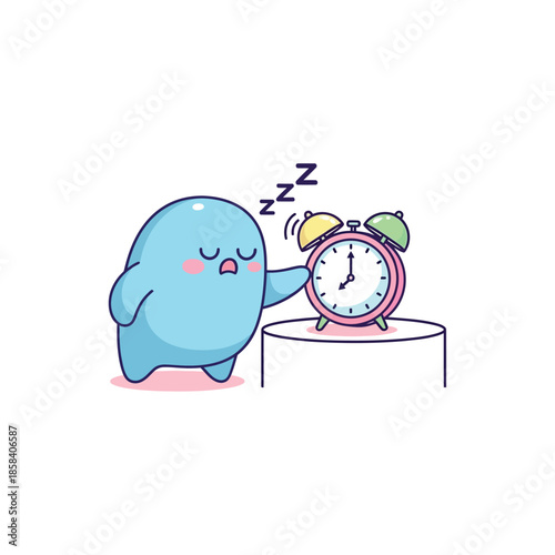 A blue cartoon character hits an alarm clock on a table with one hand.