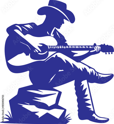 A blue silhouette of a cowboy playing an acoustic guitar outdoors