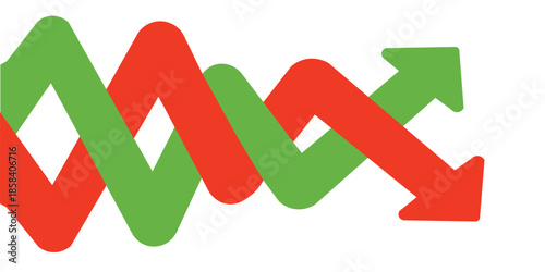 red and green arrows intertwined showing market trend volatility and business growth decline chart isolated on white background.