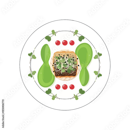 Illustration of a plate with toast topped with greens and surrounded by vegetables.