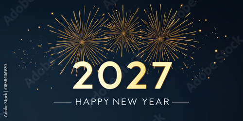 Happy New Year 2027 Gold White Numbers Fireworks Navy Black Background Celebration Greeting Card Banner Poster Social Media Design Festive Party NYE Event Template