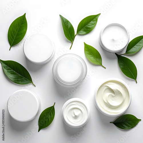 Skincare cream in white jars surrounded by lush green leaves on a clean white backdrop