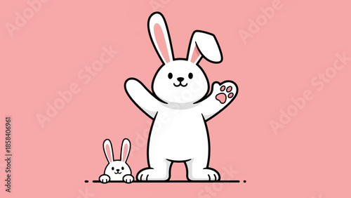 Two cute cartoon white bunnies, one large and waving, the other small and peeking from behind, against a soft pink background.
