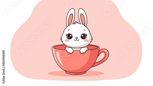 A cute, fluffy white bunny with big, sparkling eyes peeking out of a pink teacup.