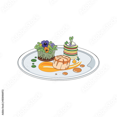 An illustration presents a gourmet plate with microgreens and sauce on a table.