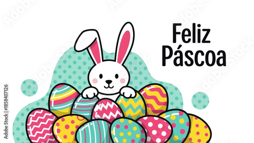 Easter illustration with bunny and eggs, with the text 