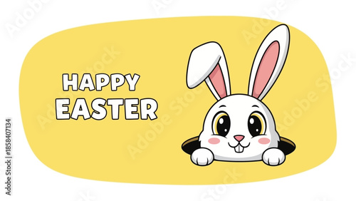 A cute cartoon white bunny peeking out of holes with 'Happy Easter' text on a yellow background.