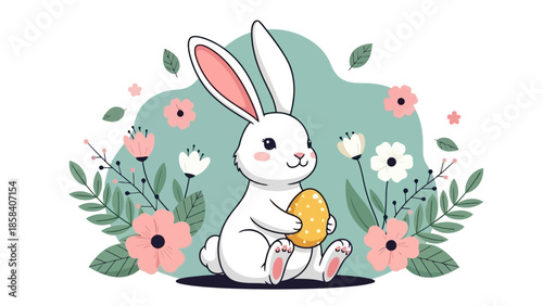 A cute white Easter bunny is sitting in a field of flowers holding a golden egg.