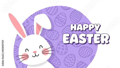 A cute white Easter bunny with pink ears and rosy cheeks is wishing you a Happy Easter with a purple background filled with Easter eggs.
