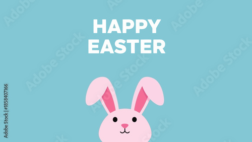 A cute pink Easter bunny with long ears peeking out from the bottom against a light blue background with the words HAPPY EASTER at the top.