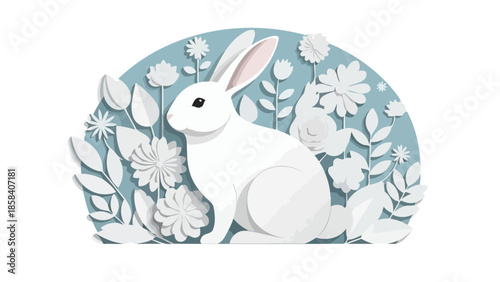 A charming white rabbit sits amidst a whimsical garden of delicate paper-cut flowers and foliage.